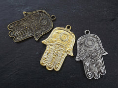 Hamsa Pendant, Bronze Hamsa, Large Hamsa, Evil Eye, Fish, Flower, Motif, Hamsa Hand, Hand of Fatima, Hamsa, Boho, Antique Bronze Plated, 1PC