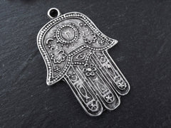 Hamsa Pendant, Silver Hamsa, Large Hamsa, Evil Eye, Fish, Flower, Motif, Hamsa Hand, Hand of Fatima, Hamsa, Boho, Matte Antique Silver, 1PC