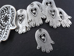 Large Hamsa Pendant, Silver Hamsa Hand, Hand of Fatima, Heart Detail, Antique Silver, 1PC