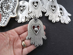 Large Hamsa Pendant, Silver Hamsa Hand, Hand of Fatima, Heart Detail, Antique Silver, 1PC