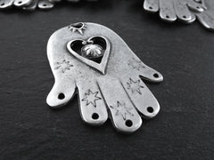 Large Hamsa Pendant, Silver Hamsa Hand, Hand of Fatima, Heart Detail, Antique Silver, 1PC