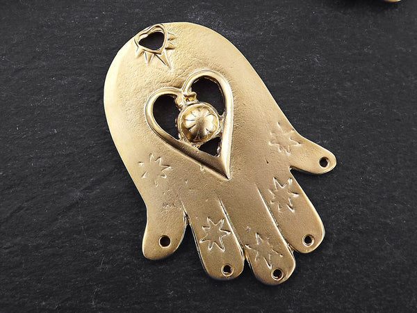 Hamsa Hand of Fatima Pendant, Large Gold Hamsa, Boho, Heart Pendant, Rustic Hamsa, Home Decor, Hamsa Ornament, 22k Matte Gold, 1PC