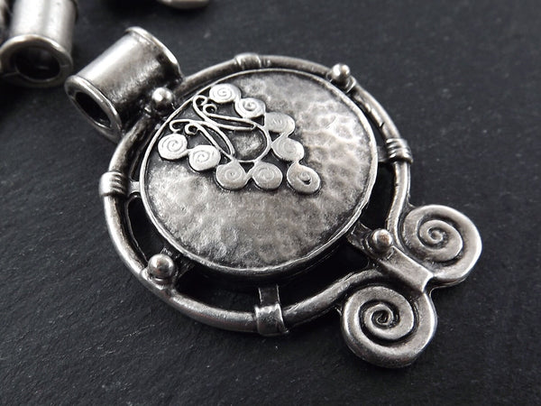 Silver Tribal Pendant, Round Ethnic Pendant, Statement Pendant, Scroll, Boho, Focal Pendant, Disc Pendant, Matte Antique Silver Plated