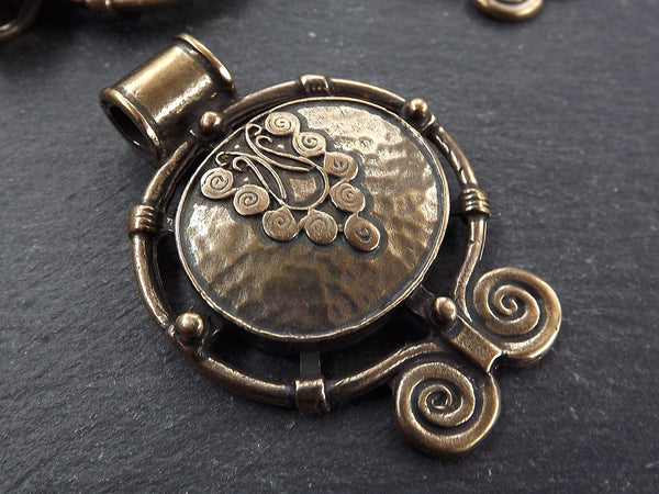 Bronze Tribal Pendant, Round Ethnic Pendant, Statement Pendant, Scroll, Boho, Focal Pendant, Disc Pendant, Antique Bronze Plated