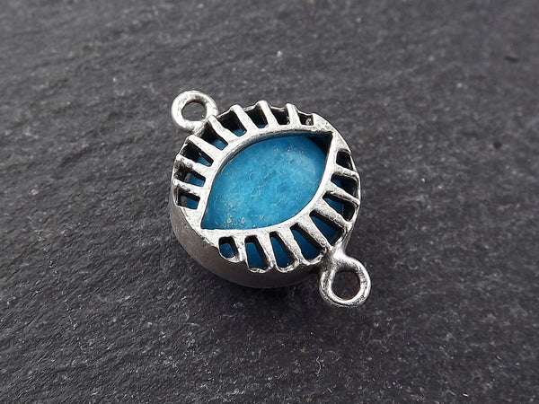 Cyan Blue Evil Eye, Jade Stone, Evil Eye Charm, Evil Eye Pendant, Connector, Lucky, Protective, Caged Eye Charm, Antique Silver