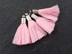 Blush Pink Tassels, Mini Tassels, Earring Tassels, Bracelet Tassels, Small Pink Tassel, Tassel Charm, Matte Antique Silver Cap, 26mm, 4pc