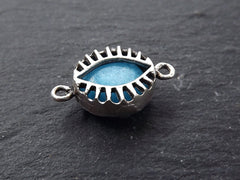 Cyan Blue Evil Eye, Jade Stone, Evil Eye Charm, Evil Eye Pendant, Connector, Lucky, Protective, Caged Eye Charm, Antique Silver, T2