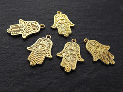 Gold Hamsa Pendant Charm, Evil Eye Hand of Fatima Good Luck Protective Charm, 22k Matte Gold Plated Brass, 5pc