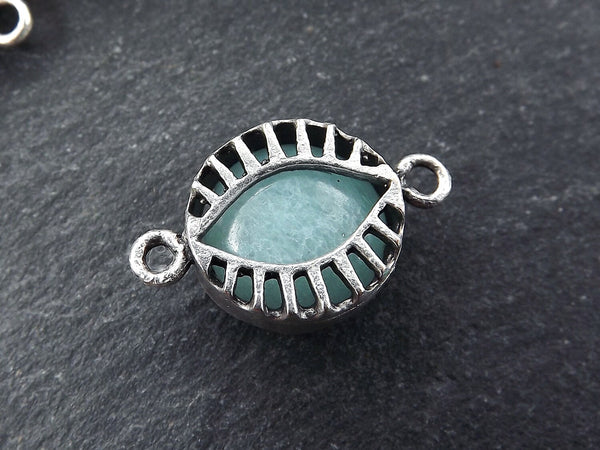 Pale Aqua Evil Eye, Jade Stone, Evil Eye Charm, Evil Eye Pendant, Connector, Lucky, Protective, Caged Eye Charm, Antique Silver, T2