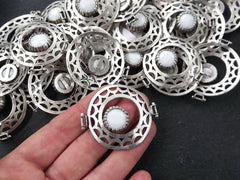 White Stone Pendant, Fretwork Pendant, Opaque White, Jade Stone, Round Pendant, Lace Pendant, Connector Pendant, Matte Silver Plated, 1PC