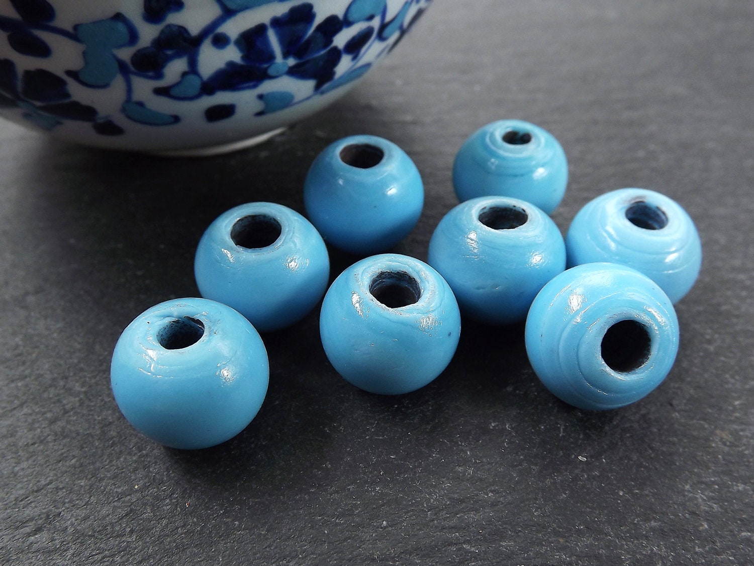 Blue Glass Beads, Large Glass Beads, Chunky Glass Beads, Sky Blue, Artisan Beads, Handmade Glass Beads, Round Glass Beads, 14mm, 8pcs