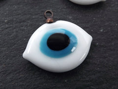 White Evil Eye Charm, Glass Evil Eye, Lampwork Evil Eye, Evil Eye Pendant, Amulet, Protective, Lucky, Handmade, Ellipse, 1pc
