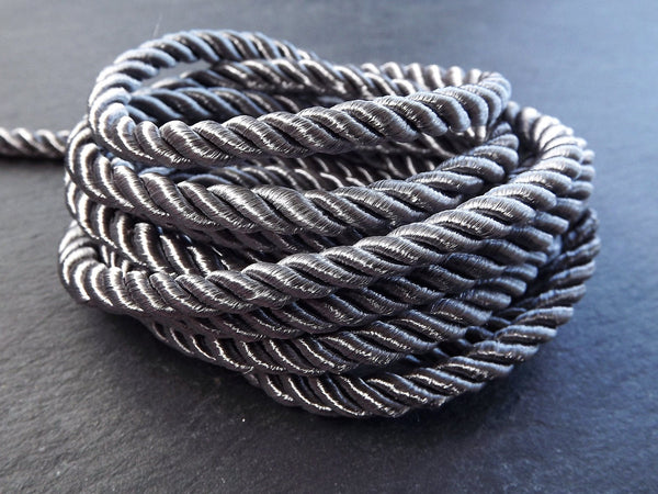 5mm Gray Rope, Gray Cord, Twisted Cord, Rayon, Satin, Rope, Silk Braid, Twisted Rope - 3 Ply Twist - 1 meters - 1.09 Yards