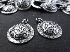 2 Ethnic Curl Dome Pendant, Artisan Tribal Pendant, Rustic Pendant, Boho Jewelry Making Supplies, Antique Silver, 2pcs