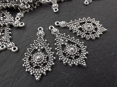 Silver Tear Drop Pendant, Exotic Dotted Teardrop, Earring Chandelier, Ethnic Jewelry Supplies, Matte Antique Silver, 1pc