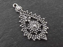 Silver Tear Drop Pendant, Exotic Dotted Teardrop, Earring Chandelier, Ethnic Jewelry Supplies, Matte Antique Silver, 1pc