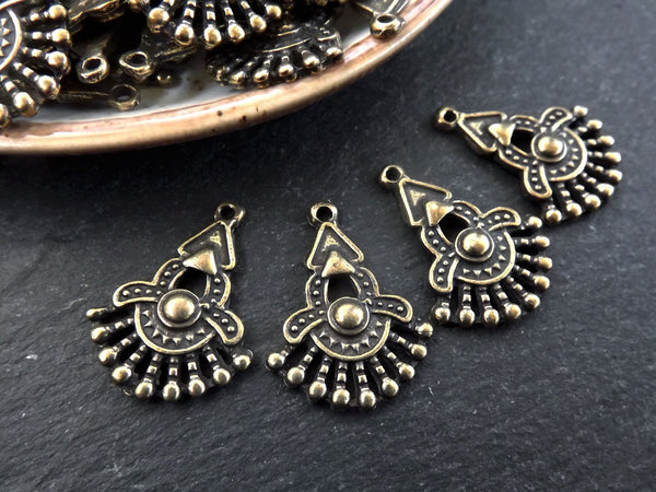 Tribal Charms, Rustic Charms, Fan Charms, Tribal Fan Charm, Ethnic Charm, Chandelier Pendant, African Style, Chandelier, Antique Bronze, 4pc