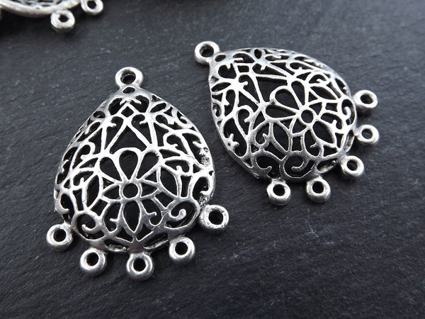 Teardrop Lace Pendant, Connector Pendants, Chandelier Pendant, Earring Chandelier, Filigree, Earring Links, Multi Loop, Antique Silver, 2pc