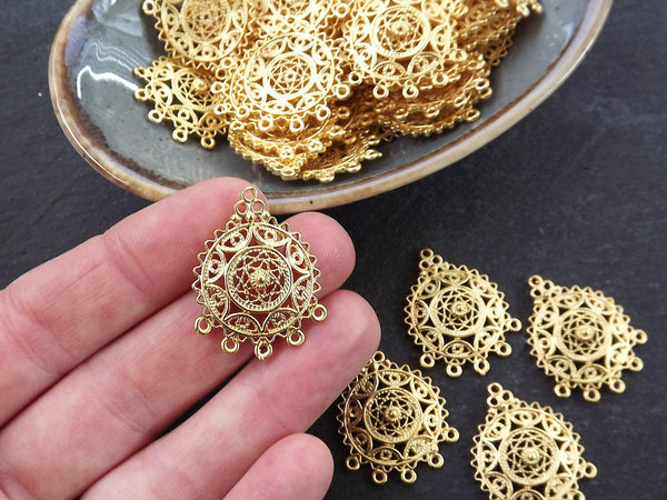 Round Filigree Pendant, Connector Pendants, Chandelier Pendant, Earring Chandelier, Earring Links, Multi Loop, 22k Matte Gold, 4pc