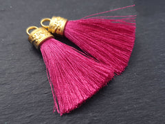 Pink Tassel Pendant, Violet Pink, Silk Thread Tassel, Tassel Charm, Ornate Cap, 22k Matte Gold Cap, Tassel Jewelry, 2.25 inches, 2pc