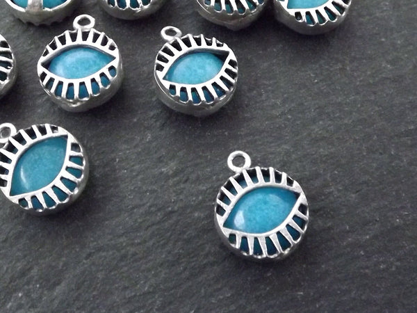 Cyan Blue Evil Eye, Jade Stone, Evil Eye Charm, Evil Eye Pendant, Necklace Pendant, Lucky, Protective, Caged Eye Charm, Antique Silver