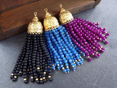 Blue Beaded Tassel, Blue Jade, Tassel Pendant, Necklace Tassel, Gemstone Tassel, Ornate, Oriental, Ethnic, 22k Matte Gold Cap 1PC