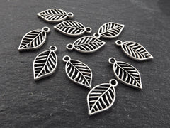 10 Silver Leaf Charms, Skeleton Leaf, Autumn Leaves, Fall Fashion, Nature Charms, Silver Leaves, Matte Antique Silver Plated, 10pc