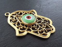 Evil Eye Hamsa Pendant, Large Hamsa Pendant, Green Evil Eye, Hand of Fatima, Pale Green, Glass Evil Eye, Artisan Glass, 22k Matte Gold, 1pc