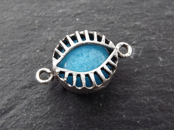 Cyan Blue Evil Eye, Jade Stone, Evil Eye Charm, Evil Eye Pendant, Connector, Lucky, Protective, Caged Eye Charm, Antique Silver, T2