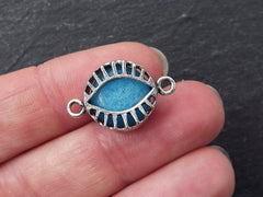 Cyan Blue Evil Eye, Jade Stone, Evil Eye Charm, Evil Eye Pendant, Connector, Lucky, Protective, Caged Eye Charm, Antique Silver, T2