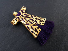 Purple Tassel Pendant, Caftan Tassel, Deep Purple, Purple Silk Tassel, Caftan Pendant, Turkish Caftan, Ottoman, 22k Matte Gold Plated, 1PC