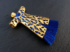 Blue Tassel Pendant, Caftan Tassel, Royal Blue, Blue Silk Tassel, Caftan Pendant, Turkish Caftan, Ottoman, 22k Matte Gold Plated, 1PC