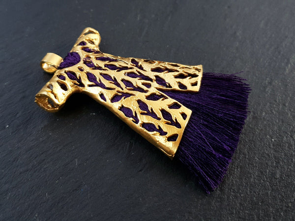 Purple Tassel Pendant, Caftan Tassel, Deep Purple, Purple Silk Tassel, Caftan Pendant, Turkish Caftan, Ottoman, 22k Matte Gold Plated, 1PC