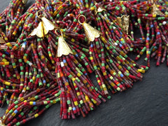 Multi Color Tassel, Short Beaded Tassel, Afghan Tassel, Mix Color Tassel, Earring Tassel, Textured Cap, Red Tones, 22k Matte Gold, 55mm, No1