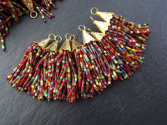 Multi Color Tassel, Short Beaded Tassel, Afghan Tassel, Mix Color Tassel, Earring Tassel, Textured Cap, Red Tones, 22k Matte Gold, 55mm, No1