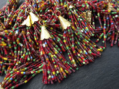 Multi Color Tassel, Short Beaded Tassel, Afghan Tassel, Mix Color Tassel, Earring Tassel, Textured Cap, Red Tones, 22k Matte Gold, 55mm, No1