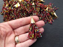 Multi Color Tassel, Short Beaded Tassel, Afghan Tassel, Mix Color Tassel, Earring Tassel, Textured Cap, Red Tones, 22k Matte Gold, 55mm, No1