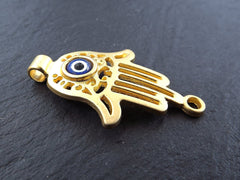 Gold Evil Eye Hamsa Hand Pendant Connector, Hand of Fatima, Blue Nazar Bead, 22k Matte Gold Plated, 1pc