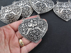 Rustic Heart Pendant, Silver Heart, Rustic Pendant, Flower, Fish detail, Shield Pendant, Pendant Connector, Matte Antique Silver Plated, 1PC