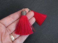 Red Tassel Pendant, Silk Thread Tassel, Tassel Charm, Ornate Cap, Antique Bronze Cap, Tassel Jewelry, Silk Tassel, 2.25 inches, 2pc