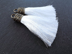 Sugar White Tassel Pendant, Silk Thread Tassel, Tassel Charm, Ornate Cap, Antique Bronze Cap, Tassel Jewelry, Silk Tassel, 2.25 inches, 2pc