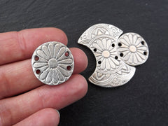 Floral Pendant, Floral Connectors, Daisy Pendant, Mandala Pendant, Double Concave, Curved, Pendant Set, Matte Antique Silver Plated, 3pc