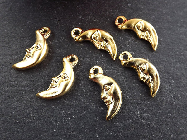 Moon Charm, Smiling Moon Charms, Gold Moon Charms, Crescent Moon, Moon Face, Half Moon, Man in the moon, 22k Matte Gold, 6pcs - T1