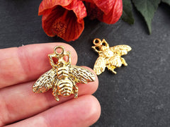 Gold Bee Charms, Bumblebee Charms, Busy Bee Charms, Bee Pendant, Bee Jewelry, Bumble Bee Pendant, 25mm, 22k Matte Gold Plated