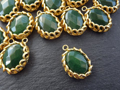 Green Jade Stone Pendant Set in Gold Spiral Bezel, Deep Green Facet Cut Jade, Gemstone Charm, 22k Matte Gold Plated, Non Tarnish, 1pc