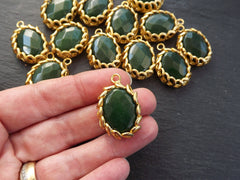 Green Jade Stone Pendant Set in Gold Spiral Bezel, Deep Green Facet Cut Jade, Gemstone Charm, 22k Matte Gold Plated, Non Tarnish, 1pc