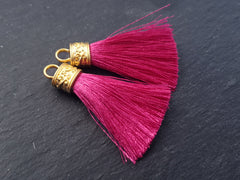 Pink Tassel Pendant, Violet Pink, Silk Thread Tassel, Tassel Charm, Ornate Cap, 22k Matte Gold Cap, Tassel Jewelry, 2.25 inches, 2pc