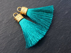 Teal Tassel Pendant, Aqua Teal, Silk Thread Tassel, Tassel Charm, Ornate Cap, 22k Matte Gold Cap, Tassel Jewelry, 2.25 inches, 2pc