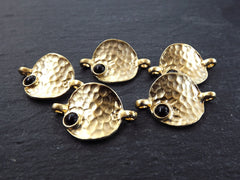 5 Rustic Cast Hammered Warped Disc Charm Connectors with Black Glass Accent, Gold Charm, Bracelet Charm, Boho - 22k Matte Gold Plated