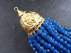 Blue Beaded Tassel, Blue Jade, Tassel Pendant, Necklace Tassel, Gemstone Tassel, Ornate, Oriental, Ethnic, 22k Matte Gold Cap 1PC